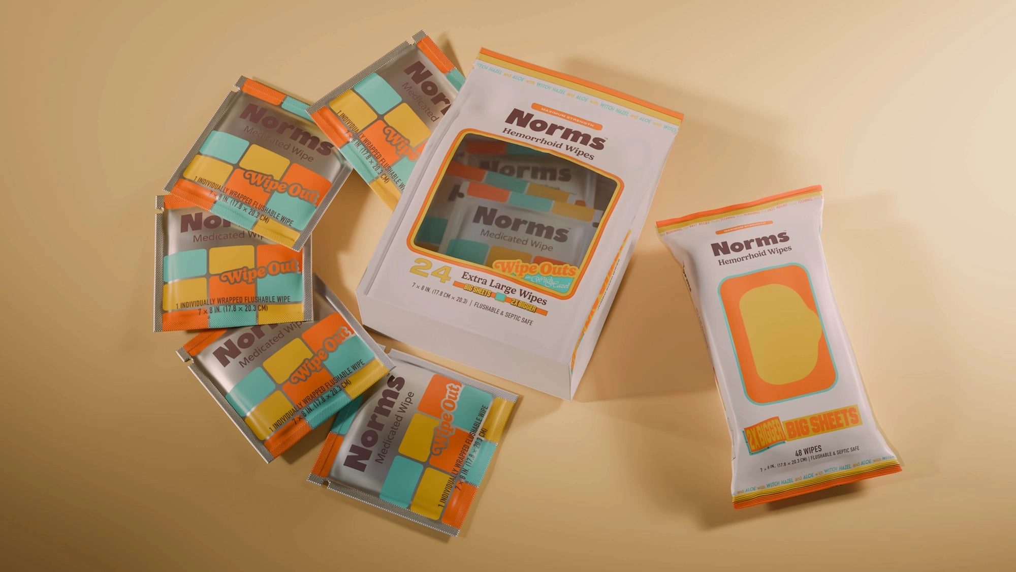 Multiple 'Norms' product packages on a brown background