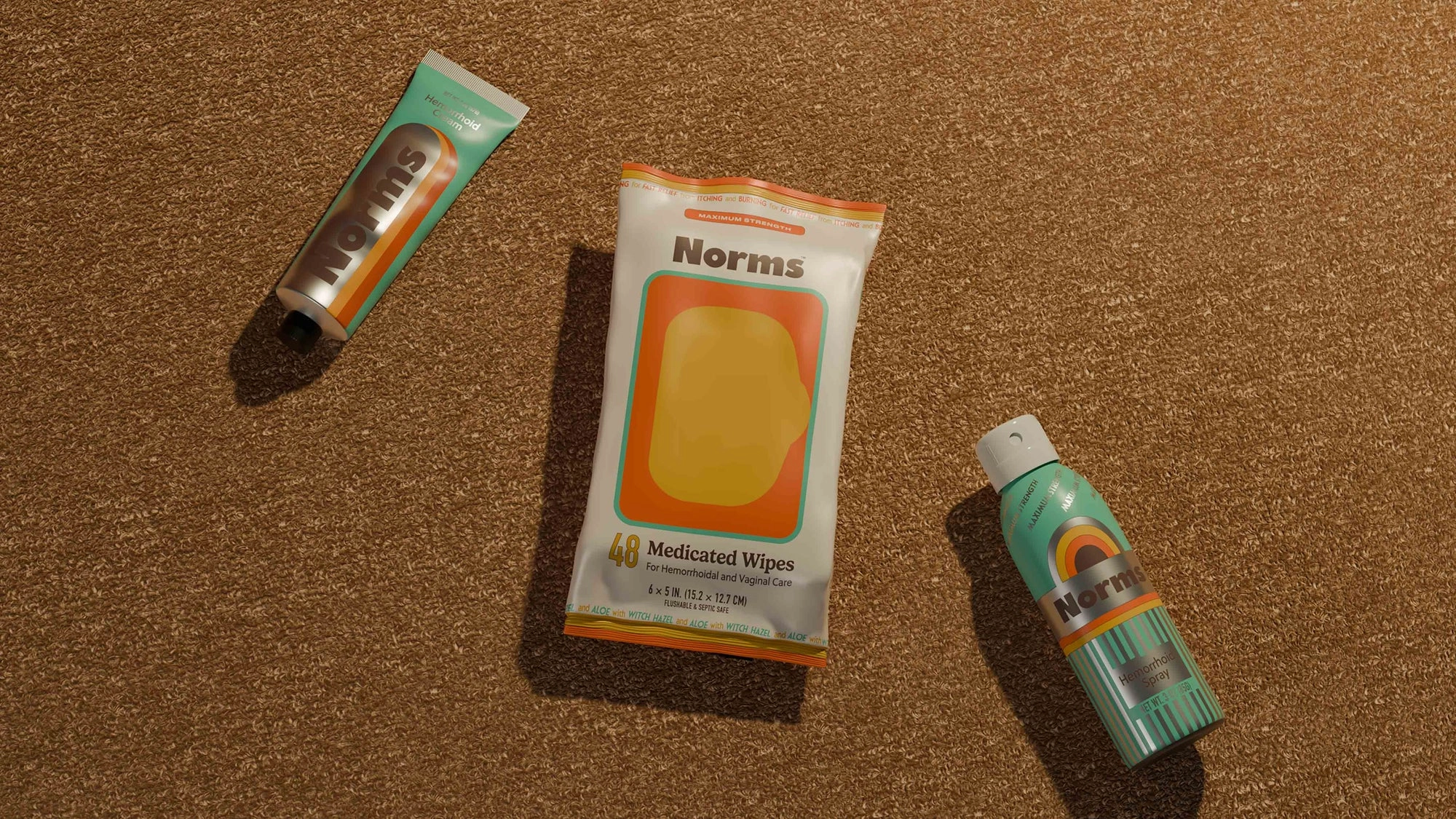 Packaged product with 'Norms' branding on a brown surface