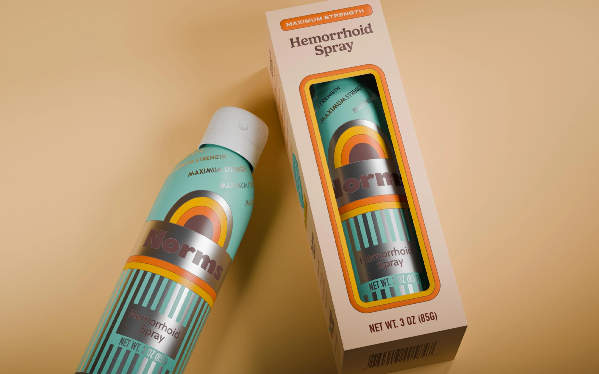 Hemorrhoid spray bottle and packaging on a beige background