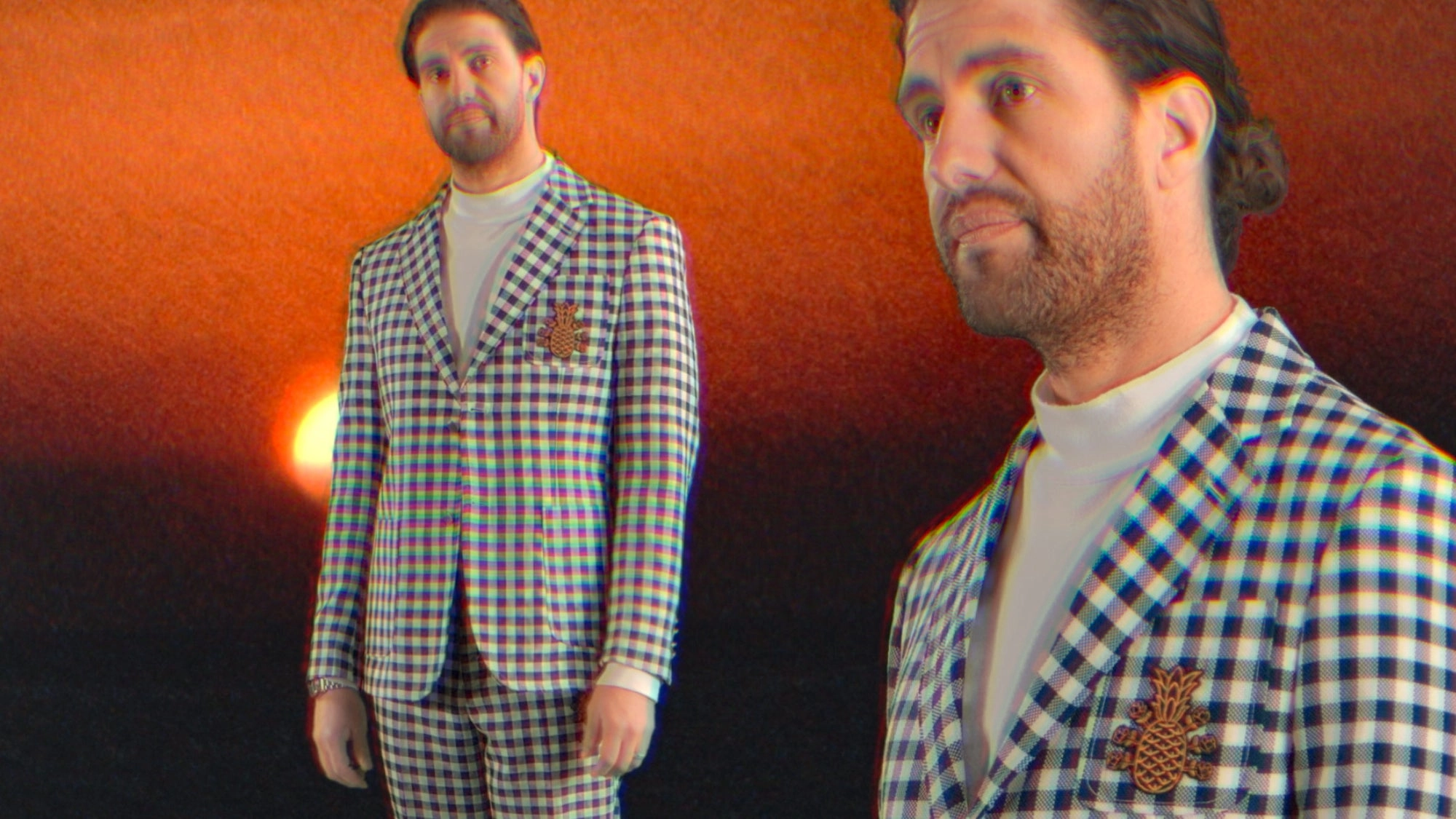 Man wearing a checkered suit with a sunset background. Introducing Norms hemorrhoid treatment