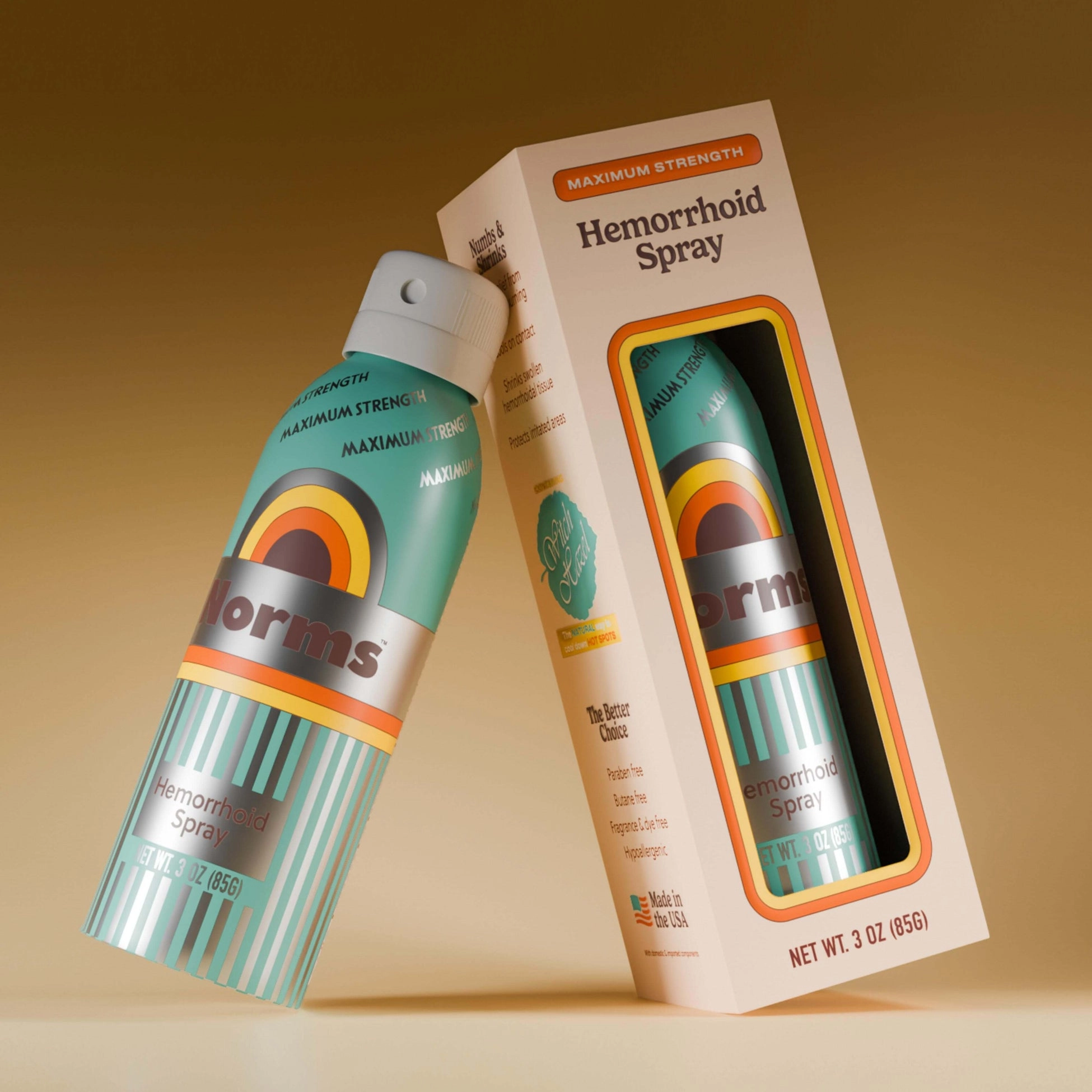 Hemorrhoid Spray and packaging displayed together, showcasing fast relief for irritation and swelling.
